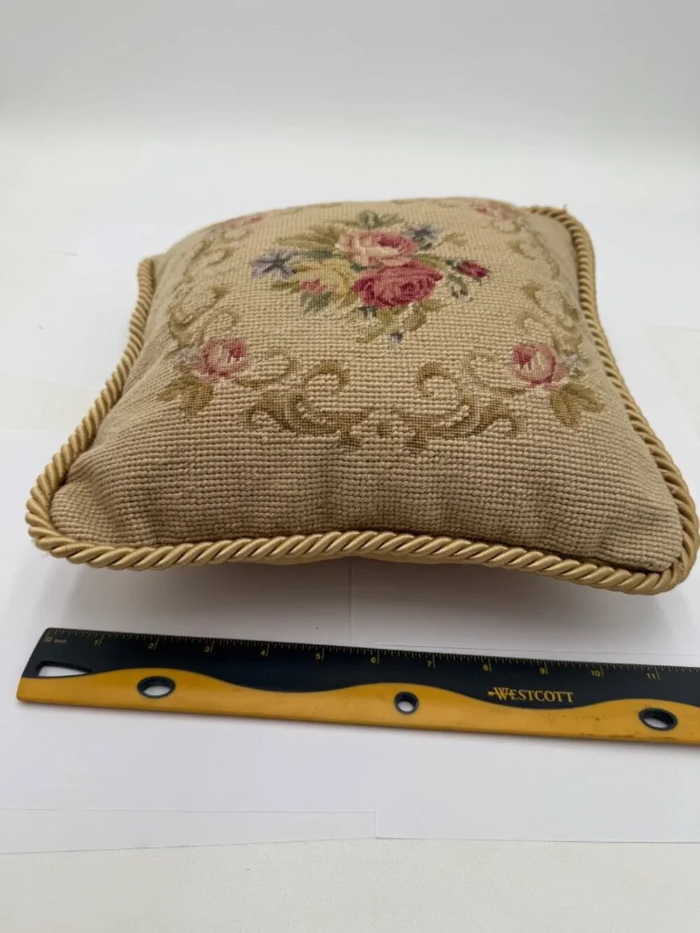 Vintage Floral Needlepoint Throw Pillow With Gold Rope Trim